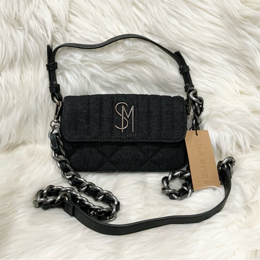 Steve Madden Black Denim Quilted Bharriet Small Crossbody Bag